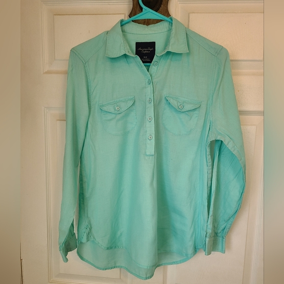 (1173) American Eagle Outfitters Woman's Long Sleeve Blouse, Size: Medium Green - Picture 2 of 8